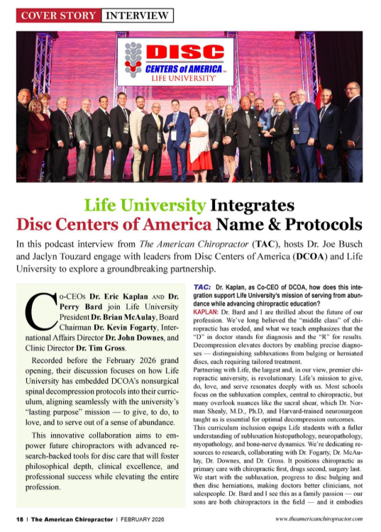 Dr. Faulkenberry featured in The American Chiropractor magazine for the Disc Centers of America Ring of Honor